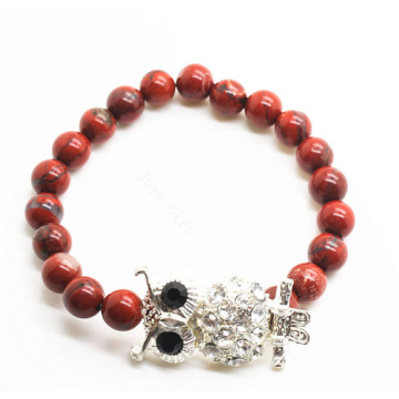 Red Jasper 8MM Round Beads Stretch Gemstone Bracelet with Diamante alloy Owl Piece