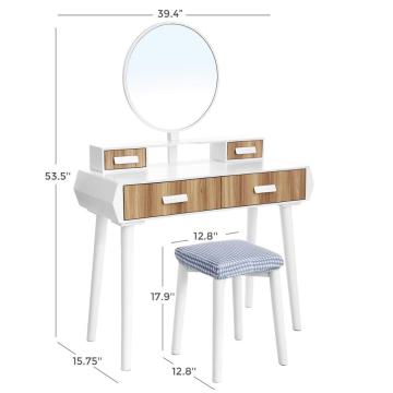 Vanity Table Set with Big Round Mirror, Large Tabletop Bedroom Dresser with 4 Drawers, Makeup Desk with Cushioned Stool, White