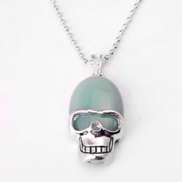 Green Aventurine Skull Gemstone Pendant Necklace with Silver chain