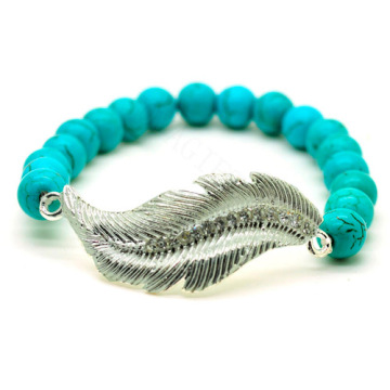 Turquoise 8MM Round Beads Stretch Gemstone Bracelet with Diamante feather alloy Piece