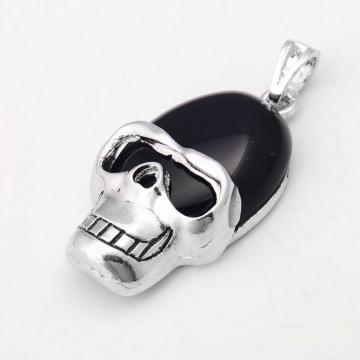 Black Onyx Semi Precious stone Skull Alloy Pendant