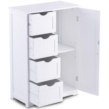 Bathroom Floor Cabinet Wooden with 1 Door & 4 Drawer, Free Standing Wooden Entryway Cupboard Spacesaver Cabinet, White