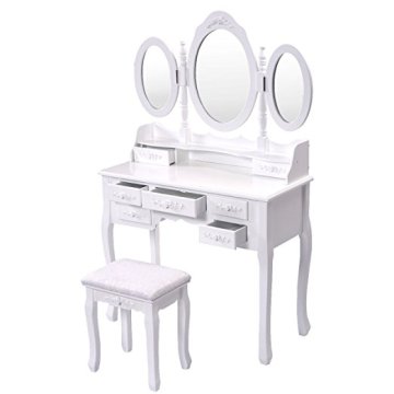 Cheap wholesale MDF 7 Drawer wood Tri Folding Mirror Make up Dresser Table