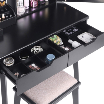 Vanity Makeup Table with Lockable Jewelry Cabinet Makeup Organizer Cushioned Stool 2 Sliding Drawers Makeup Desk with Drawer Bla