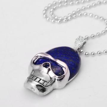 Lapis Lazuli Skull Gemstone Pendant Necklace with Silver chain