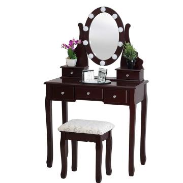 Brown Dressing Table with Stool and LED Lights with 5 Drawers and Mirror Dresser Furniture Dresser Makeup Table