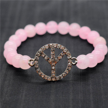 Rose Quartz 8MM Round Beads Stretch Gemstone Bracelet with Diamante Peace logo Piece