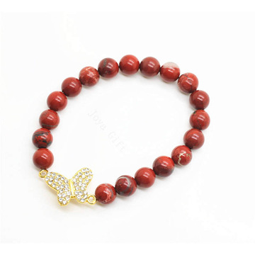 Red Jasper 8MM Round Beads Stretch Gemstone Bracelet with Diamante Butterfly alloy Piece