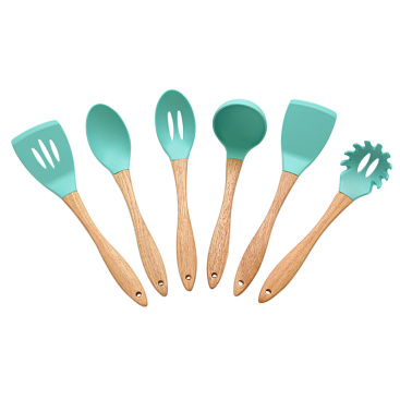 6pcs silicone kitchen utensil set with oak handle