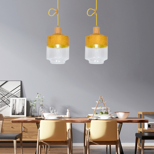 Single Glass With Wood Pendant Lamp For Restaurant