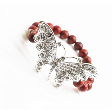 Red Jasper 8MM Round Beads Stretch Gemstone Bracelet with Diamante alloy big butterfly Piece