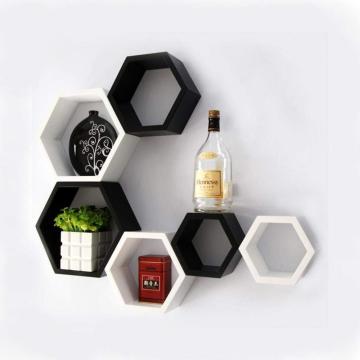 6 Piece Mount Hexagon Shape MDF Wall Shelf, Black and White
