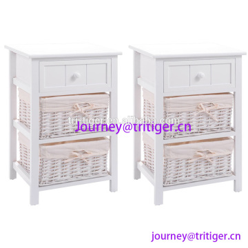 White Wood Night Stand Storage Drawer, 2 Baskets and Open Shelf for Bedroom, Bedside End Tableedroom Wood 2 Basket
