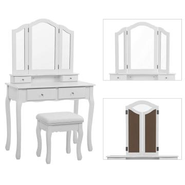 Large Dressing Table Set with Tri-fold Mirror Make-up Desk and Cushioned Stool 4 Drawers