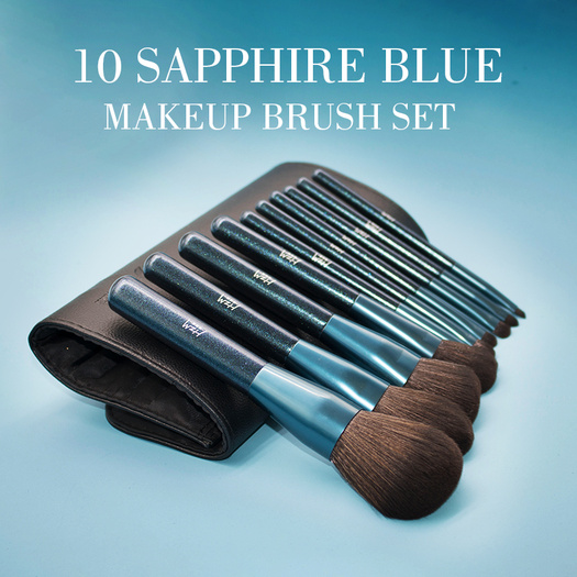 10Pcs Glitter Sapphire Blue Cosmetic Brush Kit Bag