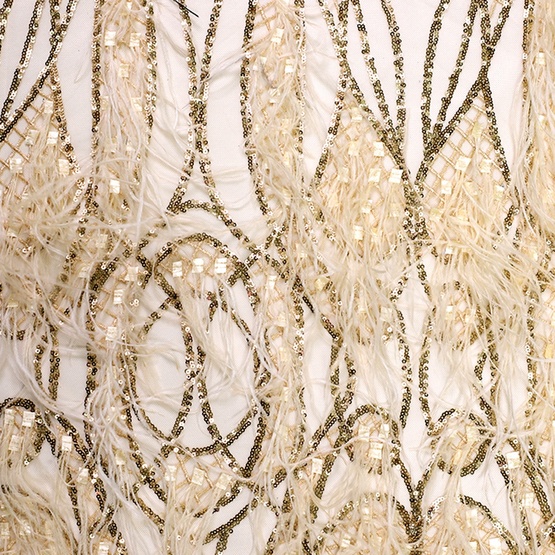 Gold Sequin Lace Fabric with Handmade Feather