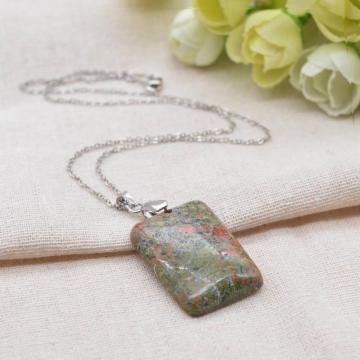 Natural Unakite Women Chakra Rectangle Gemstone Pendant Necklace