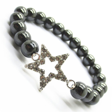 Hematite 8MM Round Beads Stretch Gemstone Bracelet with Diamante alloy star Piece