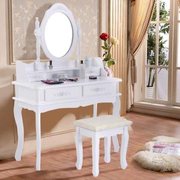 White Vanity Jewelry Makeup Dressing Table Set 4 Drawer Mirror Wood Desk portable makeup table