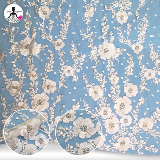 Plum Blossom Embroidery Transapret Sequin Lace Fabric