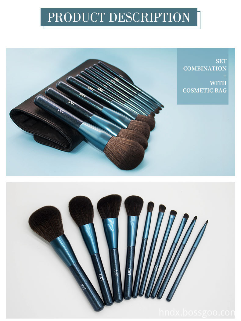 10 Pcs Blue Glitter Diamond Makeup Brushes Set