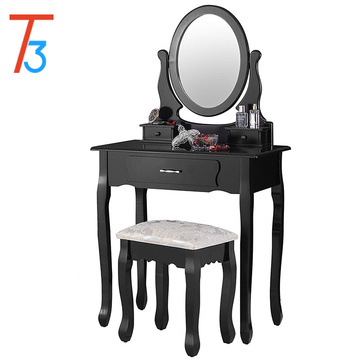 Vanity Table Set with Oval Mirror Makeup Dressing 3 Drawers and Cushioned Stool Black