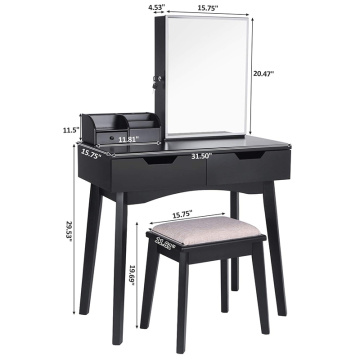 Vanity Makeup Table with Lockable Jewelry Cabinet Makeup Organizer Cushioned Stool 2 Sliding Drawers Makeup Desk with Drawer Bla