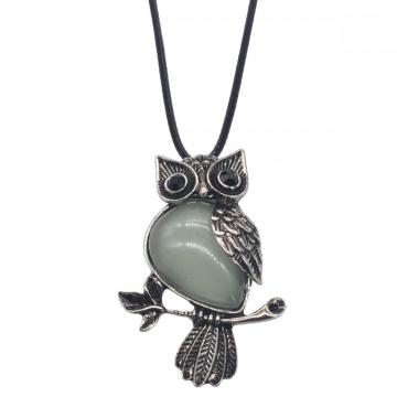 Natural Green Aventurine Alloy Owl Gemstone Pendant fow Men Jewelry Necklace