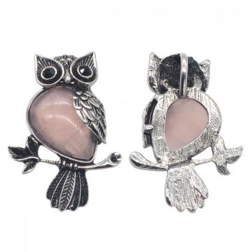 Natural Rose Quartz Alloy Owl Gemstone Pendant fow Women Jewelry Necklace