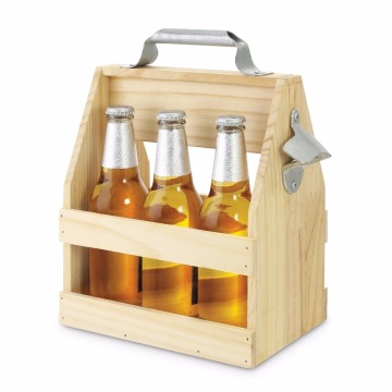 Brown color Wooden Caddy Tote For Six Pack Beer Sodas with Bottle Opener