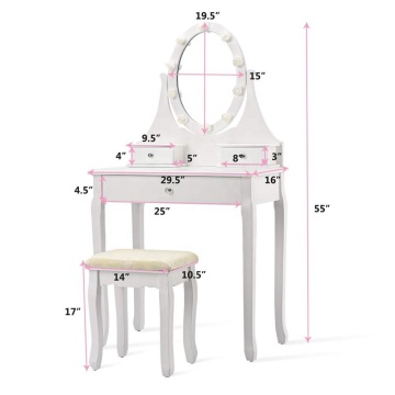 LED light Vanity Table Set 5 Drawers Makeup Dressing Desk with Cushioned Stool Set (White)