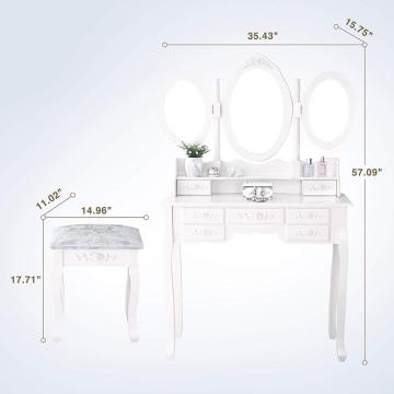 White Tri Folding Mirror Vanity Dressing Table with 7 Drawers/Stool Makeup Dresser with Mirror Wooden Dressing Table Designs