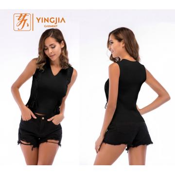 Women Sleeveless Crop Tops Knitted V-Neck T-Shirt