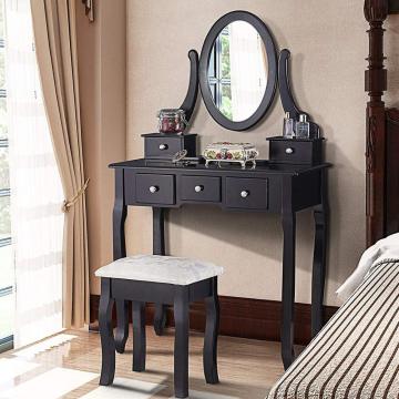 Black Vanity Table with Oval Mirror/ 5 Drawers Makeup Table with Mirror Wood Dressing Table w/Cushioned Stool