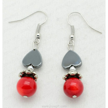 Red Coral Heart Beads hematite earring
