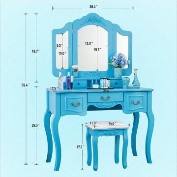 Blue color Beauty Station Makeup Table Wooden Stool Set Mirrors with Organization Drawers
