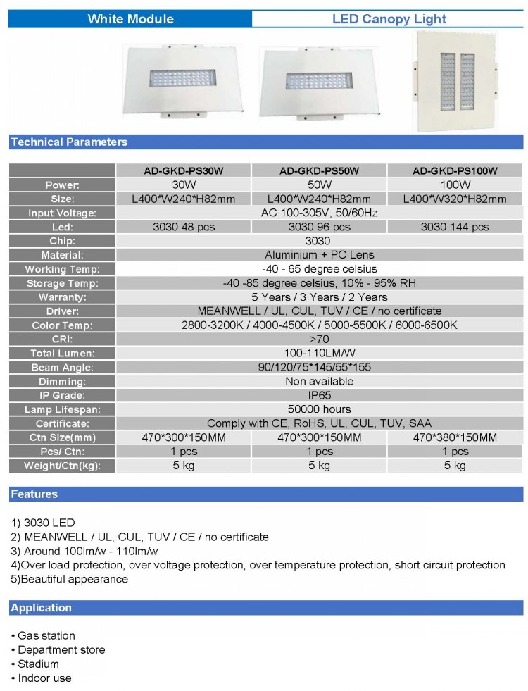 11000lm IP65 100W LED Canopy Light