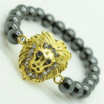 Hematite 8MM Round Beads Stretch Gemstone Bracelet with Diamante alloy Lion Head Piece