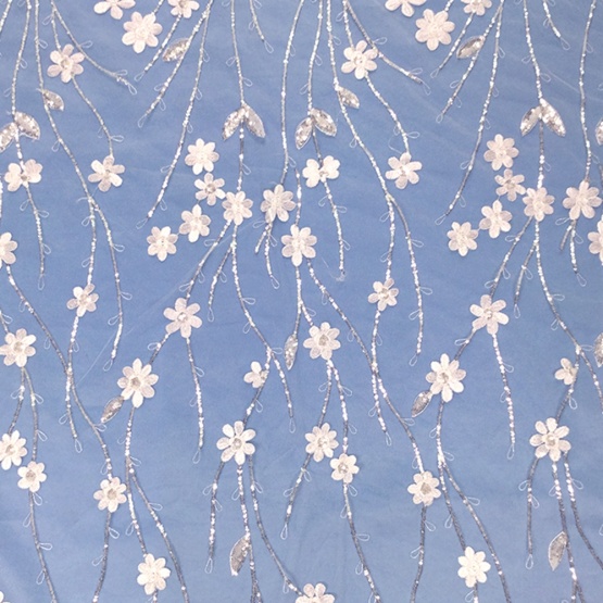 White Crystal Sequin Flower Embroidery Fabric