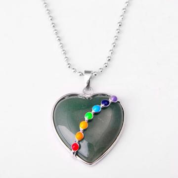 7 & Seven Chakras Gemstone Green Aventurine Heart Pendant Necklace