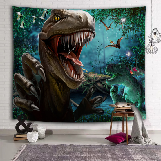 Roaring Dinosaur Tapestry Wild Anicient Animals Wall Hanging Rain Forest Jungle Wall Tapestry for Children Bedroom Living Room D