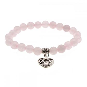 Natural Rose Quartz Chakra Gemstone 8MM Round Beads Charms Bracelet with Heart Alloy