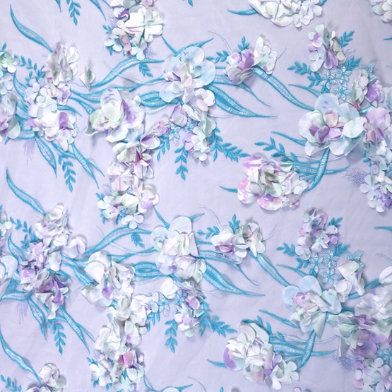 3D Blue Flower Lace Fabric Mesh Embroidery Lace