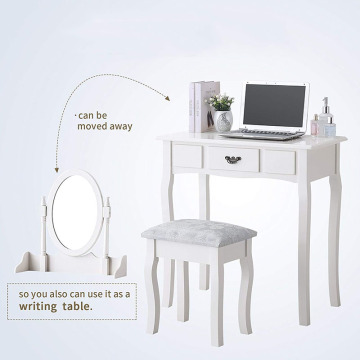 Vanity Makeup Table Set Dressing Table with Stool and Oval Mirror (White)