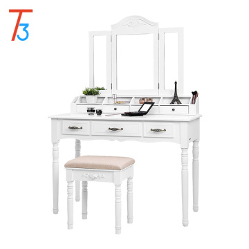 vanity table set, tri-folding necklace hooked mirror 6 organizers makeup dressing table with drawers cushioned stool