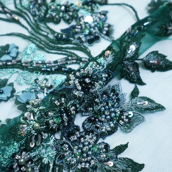 Dark Green Sequins Floral Embroidery