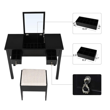 Black Vanity Makeup Table with Flip Top Mirror Dresser Makeup Table with 2 Drawers Cushioned Stool 3 Removable Organizers