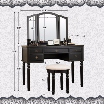 Luxury Modern Glass Furniture 5 Drawer Mirrored Dressing Table Set Stand Mirror Stool black