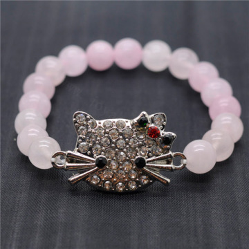 Rose Quartz 8MM Round Beads Stretch Gemstone Bracelet with Diamante alloy cat head Piece