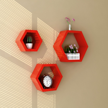 Factory cheap Set of 3 Piece MDF wooden Hexagon Decorative Wall Mount Shelves